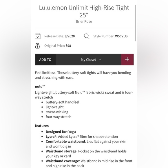 Lululemon Athletica Unlimit High-Rise 25" Tights /
Leggings W5CZUS SIZE 6 - Picture 6 of 13